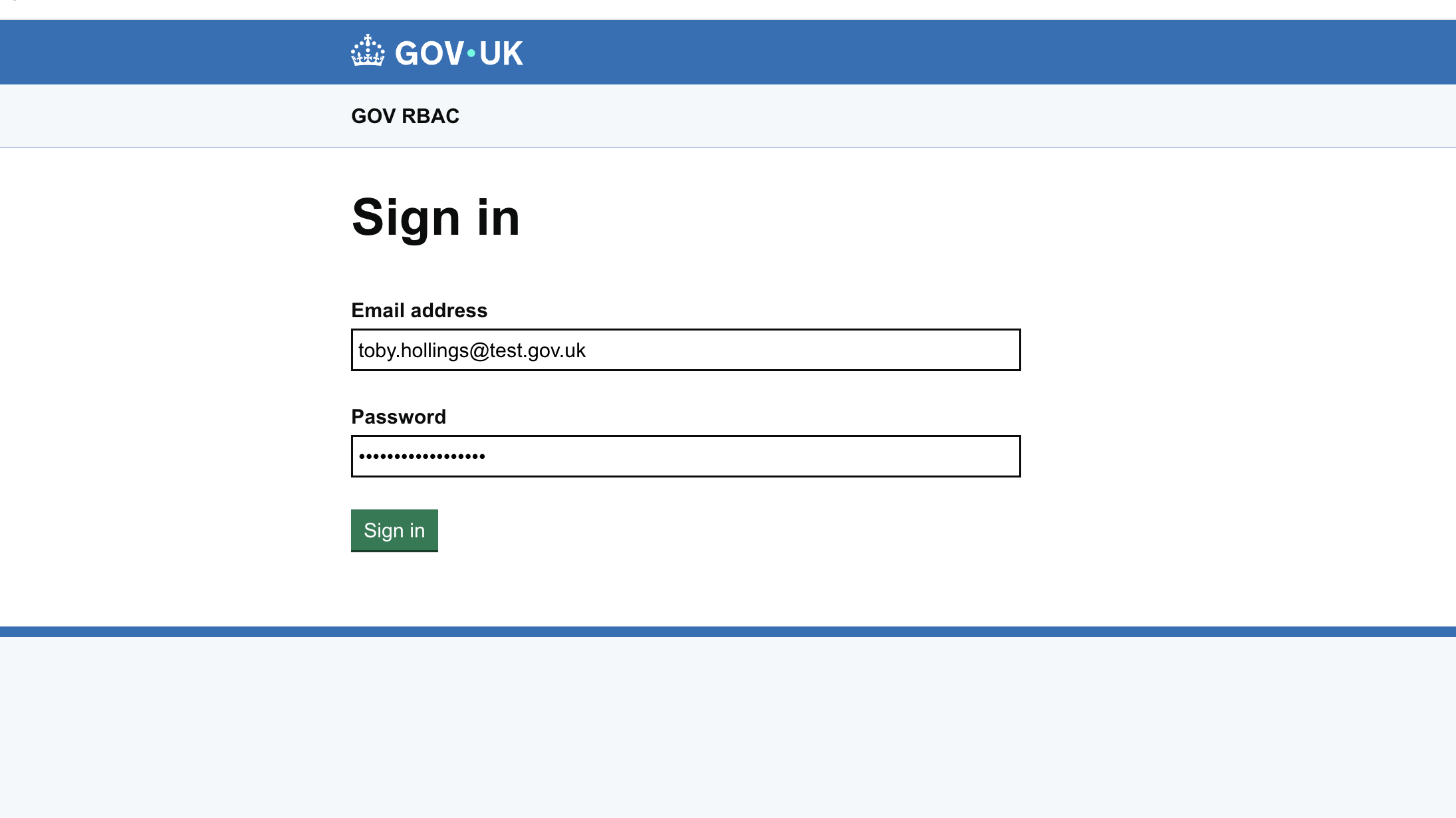 GOV.UK Design System sign-in page with email and password fields and the GOV.UK crown logotype
