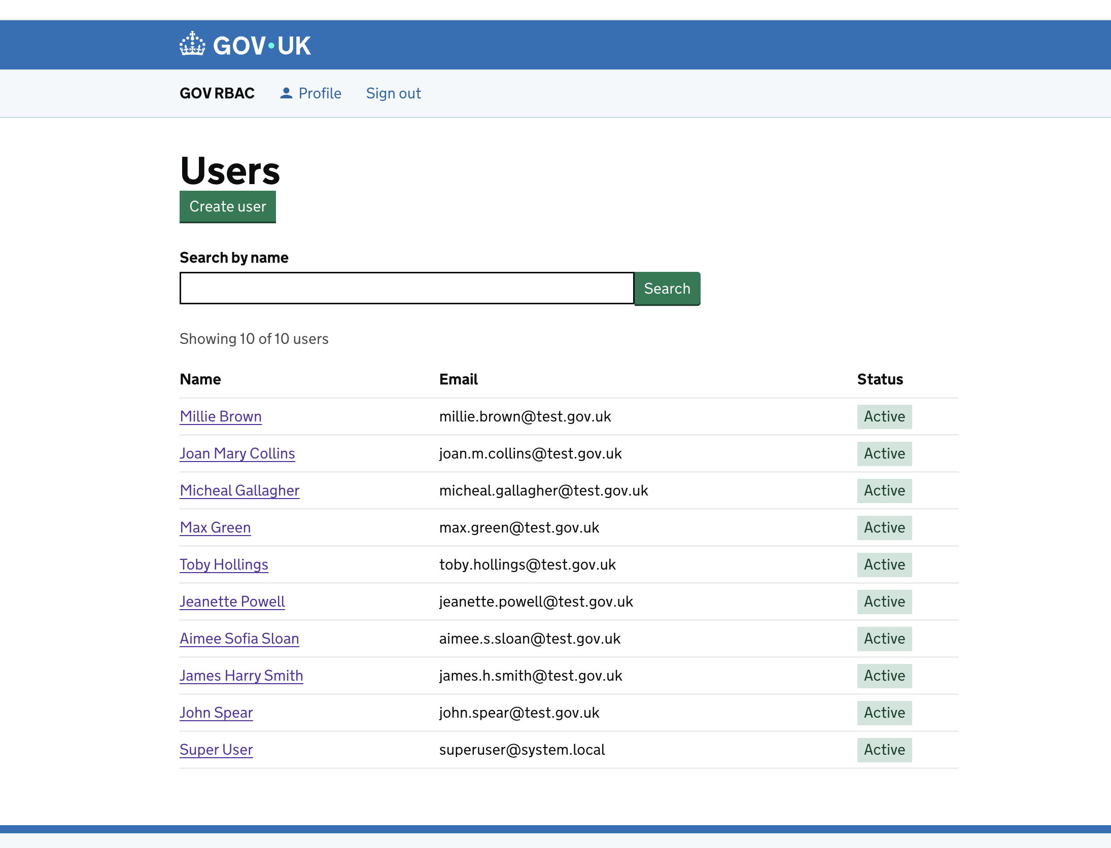 User directory table showing 10 users with name, email, and Active status tags. Includes a search by name field and Create user button.