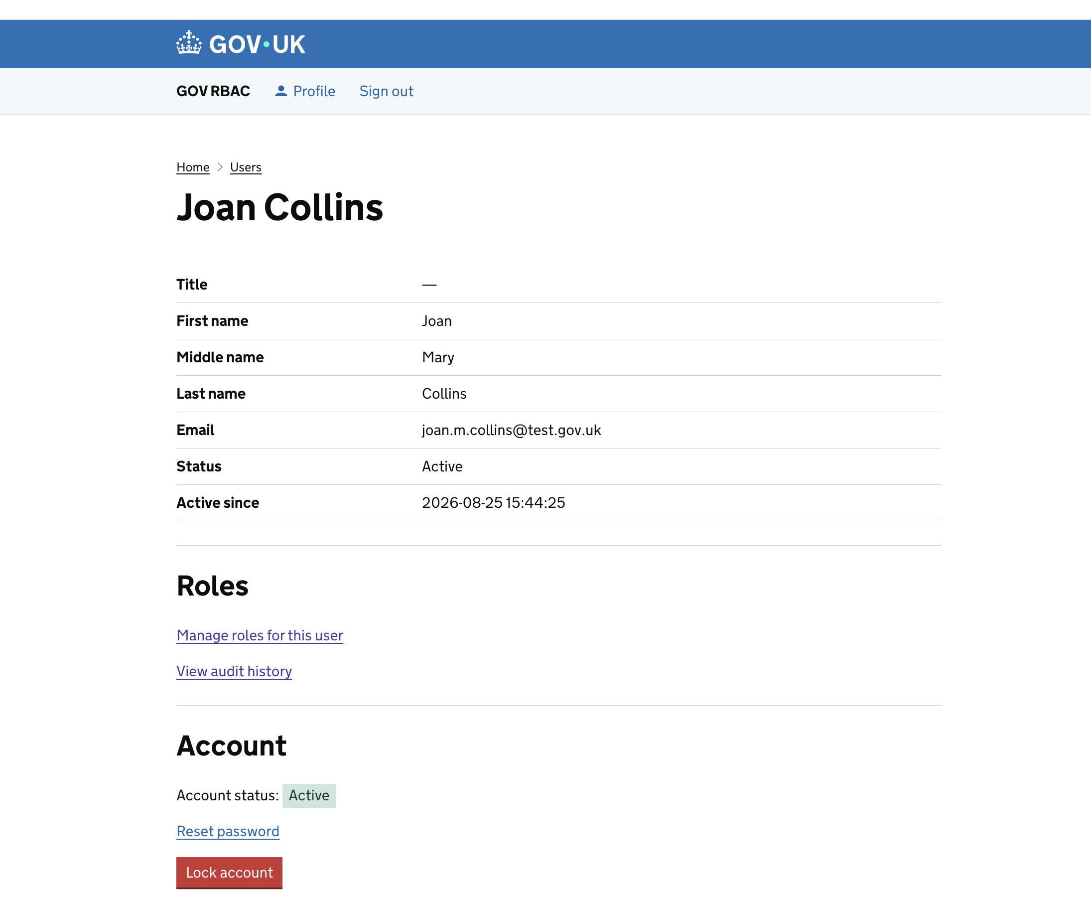 User detail page for Joan Collins showing profile fields, a Roles section with manage and audit links, and an Account section with lock and reset password controls.