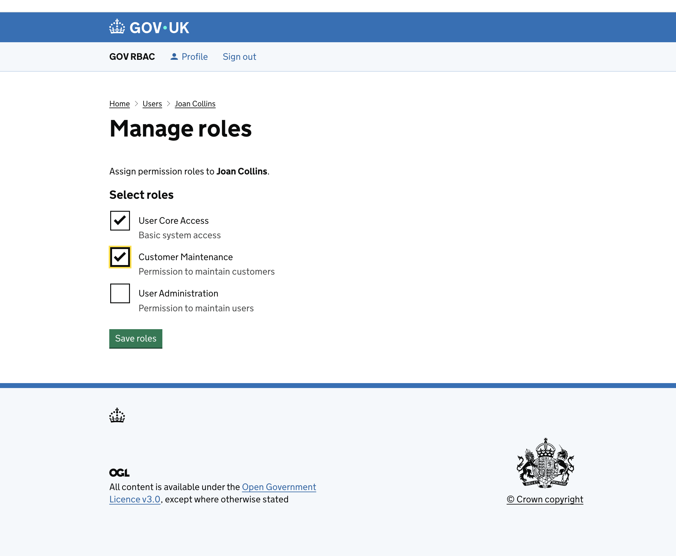 Manage roles page for Joan Collins showing three checkboxes: User Core Access (checked), Customer Maintenance (checked and focused), and User Administration (unchecked). Save roles button below.