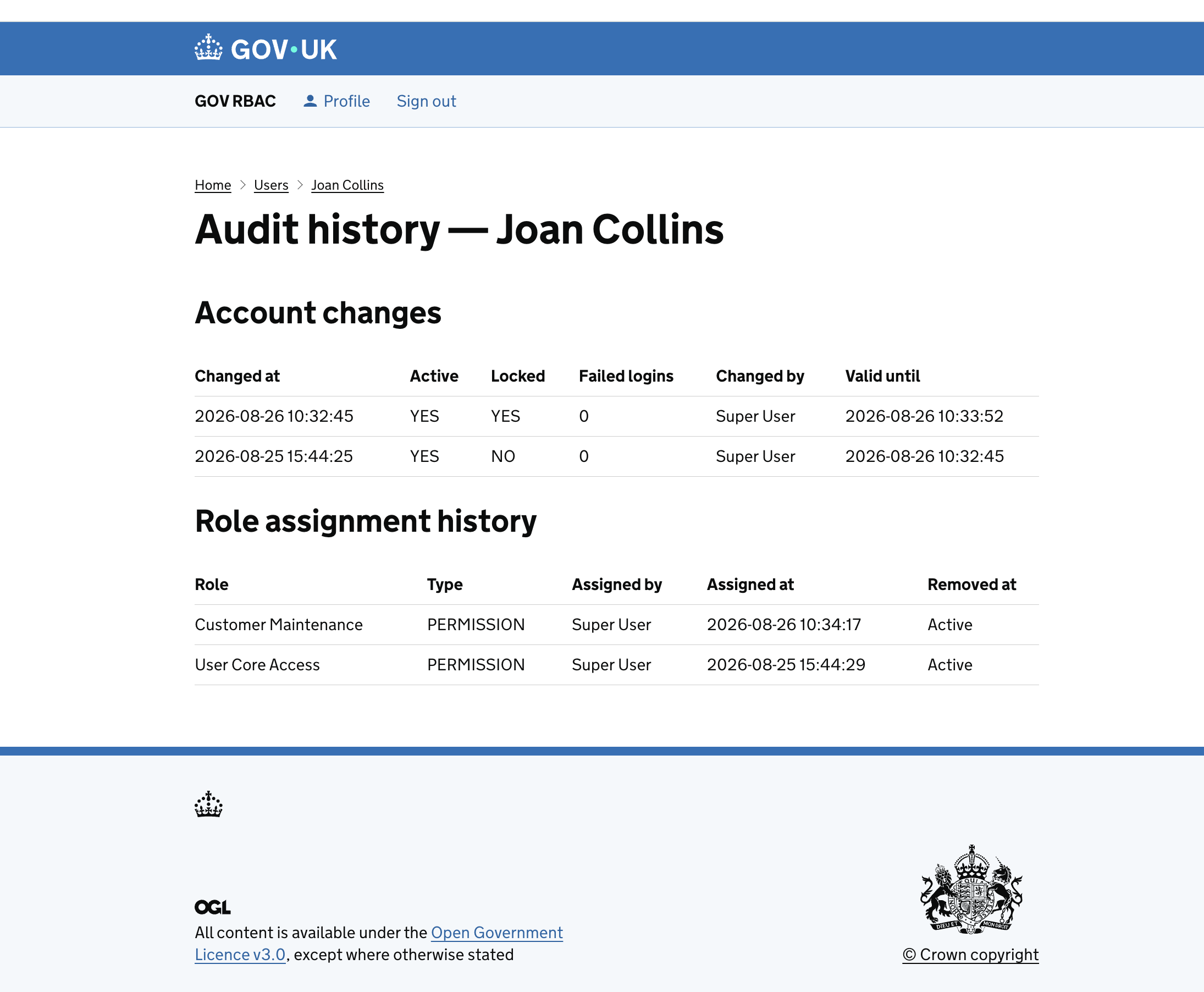 Audit history page for Joan Collins showing account changes table (timestamps, active/locked states, changed-by) and role assignment history table.