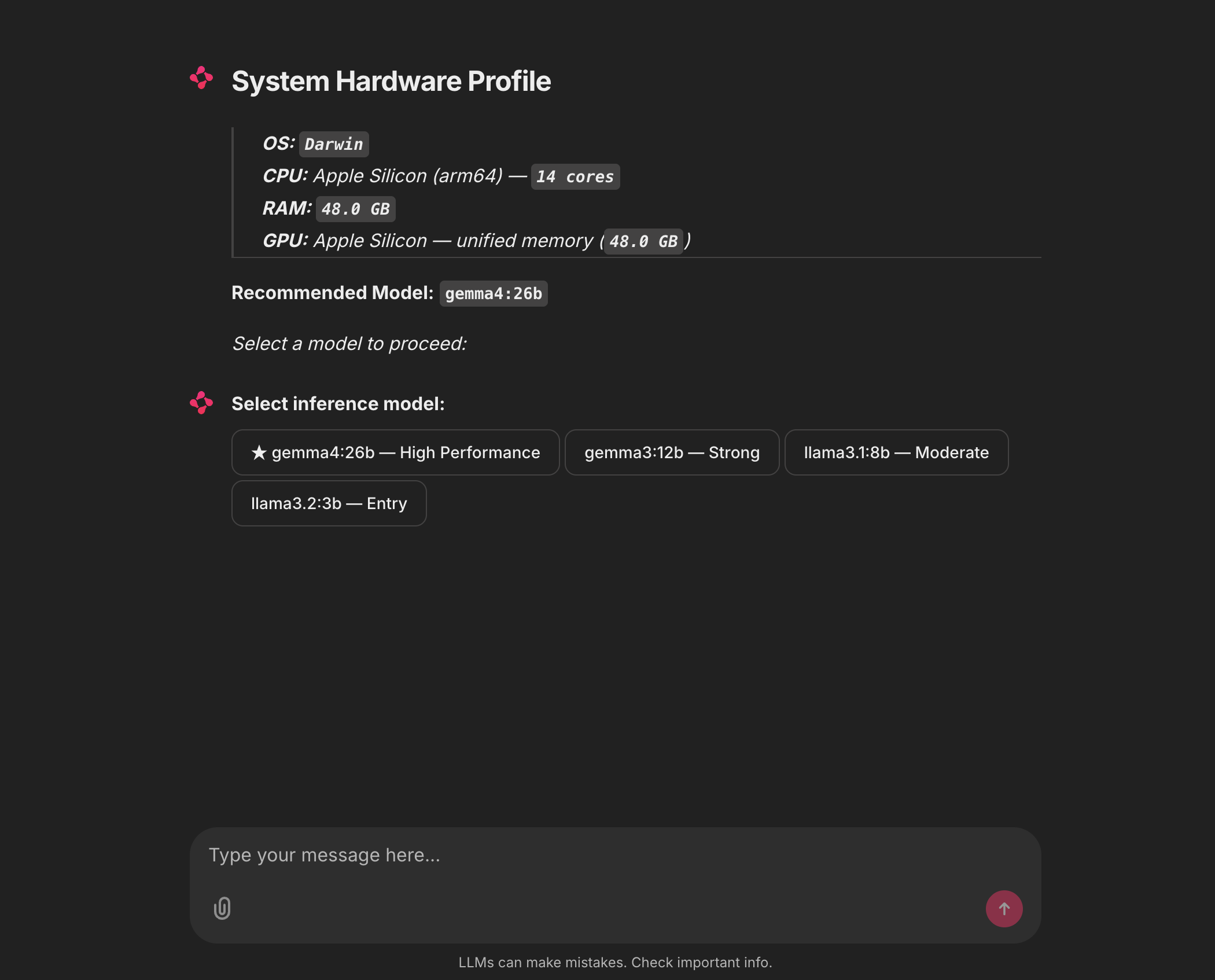 System Hardware Profile screen showing CPU, RAM, and GPU detection with recommended model gemma4:26b and model tier selection