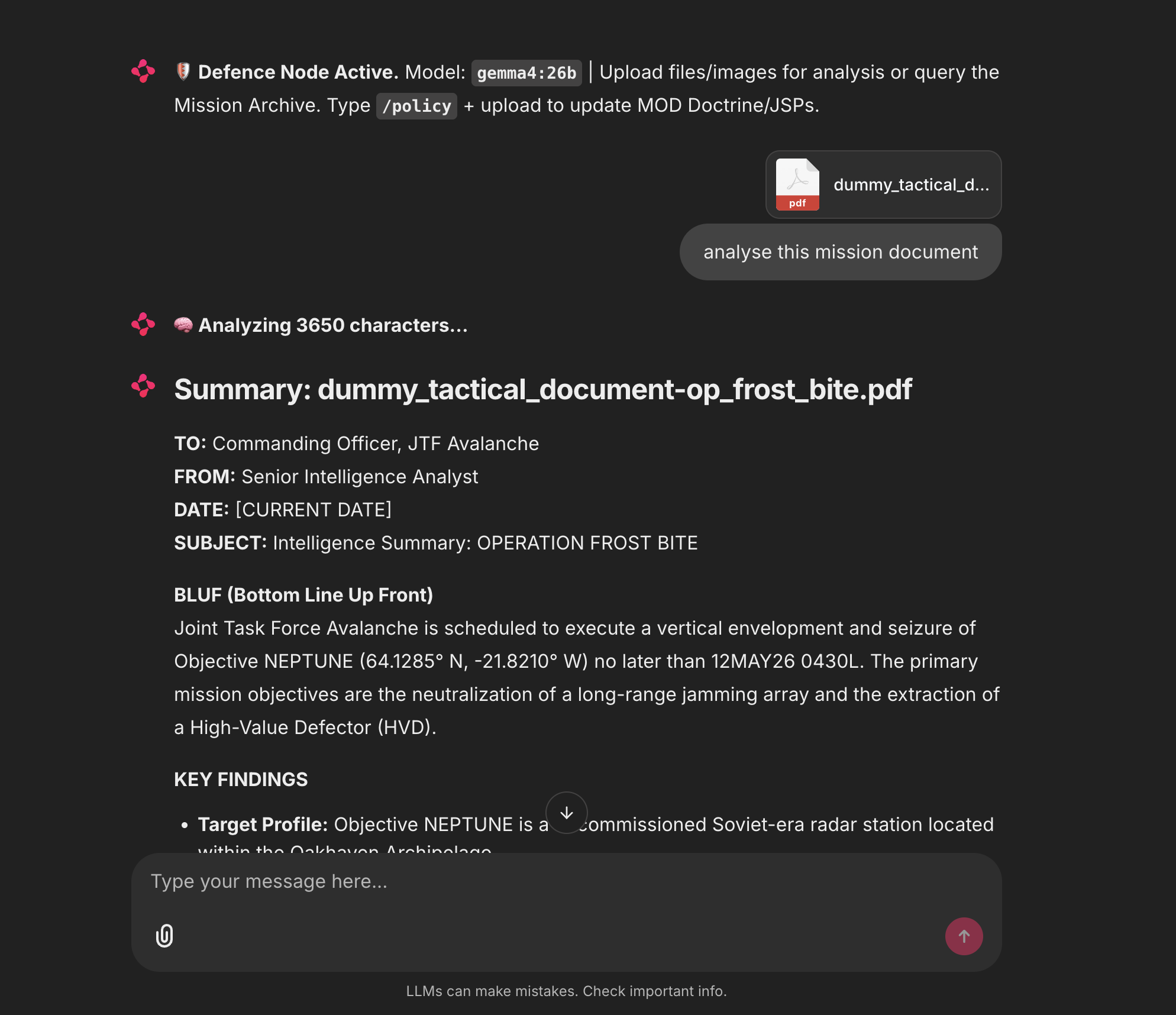Defence Node active interface showing a tactical PDF being analysed with BLUF summary, grid coordinates, and key findings extracted